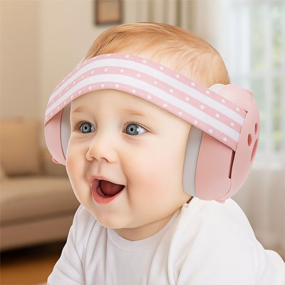 Casque anti bruit bébé rose bébé assis sur au salon