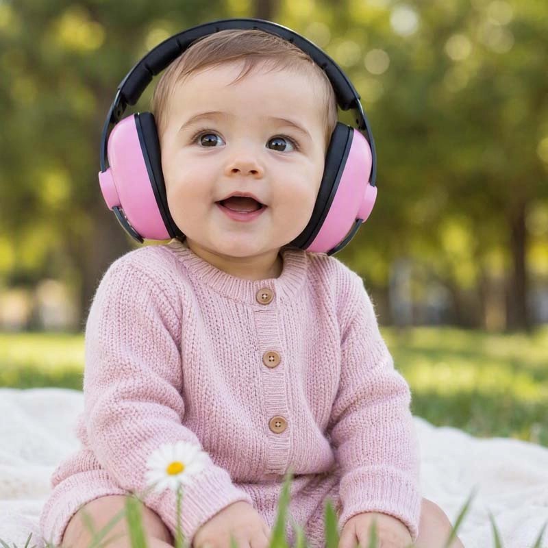 Casque anti bruit bebe rose bebe assis sur le gazon et regarde face à la camera