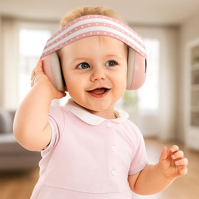 Casque anti bruit bébé rose bébé assis