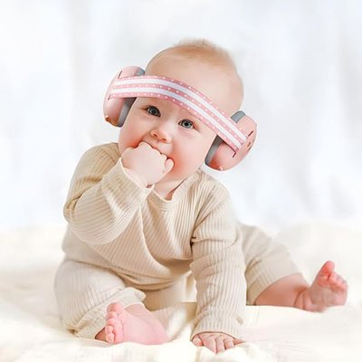 Casque anti bruit bébé  rose bébé qui apprend à s'assoir