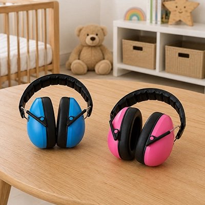 Casque anti bruit bébé rose et bleu exposés sur la table