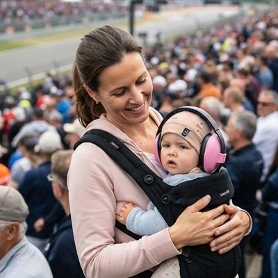 Casque anti bruit bébé rose maman debout dans une foule