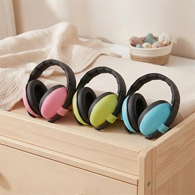 Casque anti bruit bébé rose, vert et bleu ciel posés sur le table