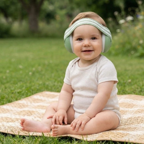 Casque anti bruit bébé vert bebe assis sur une natte regarde face a la camera