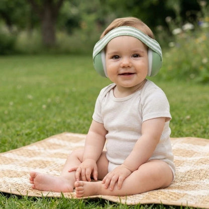 Casque anti bruit bébé vert bebe assis sur une natte regarde face a la camera
