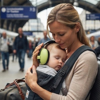 Casque anti bruit bébé vert, maman porte bébé endormi contre elle