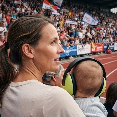 Casque anti bruit bébé vert maman regarde les activités au stade