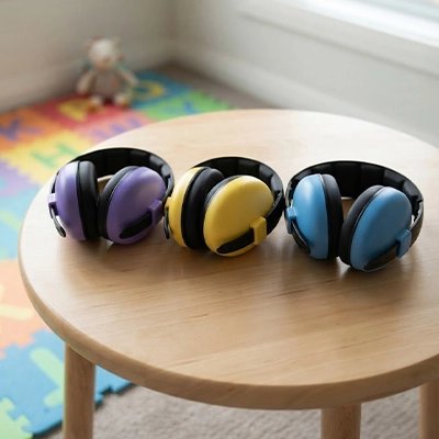 Casque anti bruit bebe violet, jaune et bleu sur la table