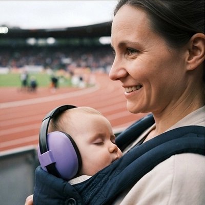 Casque anti bruit bebe  violet maman qui porte son bébé sourit 