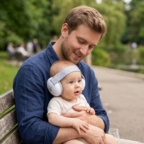 Casque anti bruit pour bébé blanc bébé en sécurité dans les bras de son papa 