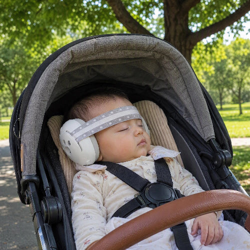 Casque anti bruit  pour bebe blanc, bebe qui dort confortablement dans sa poussette