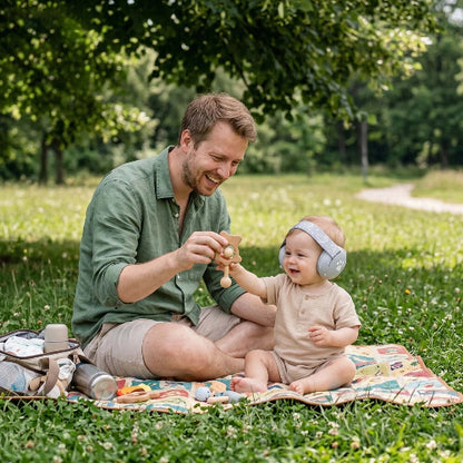 Casque anti bruit pour bébé gris bébé assis sur un tissu au parc joue avec son papa