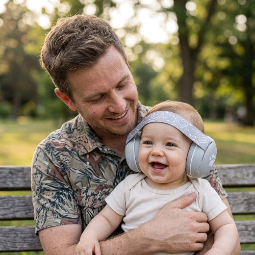 Casque anti bruit pour bébé gris papa qui est assis  sur un banc au parc avec son enfant