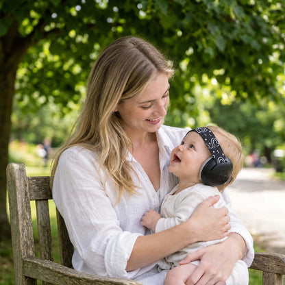 Casque anti bruit pour bébé noir bébé qui regarde sa maman en souriant