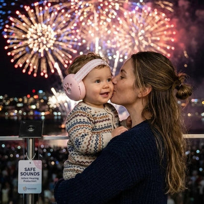 Casque anti bruit pour bebe rose maman festival des feux artifices avec son enfant