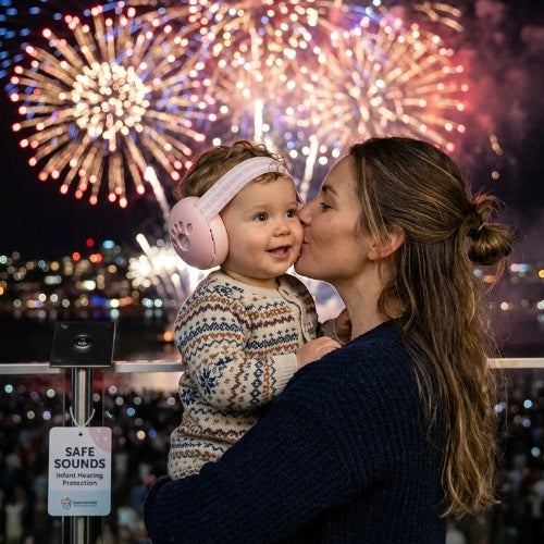 Casque anti bruit pour bebe rose maman festival des feux artifices avec son enfant