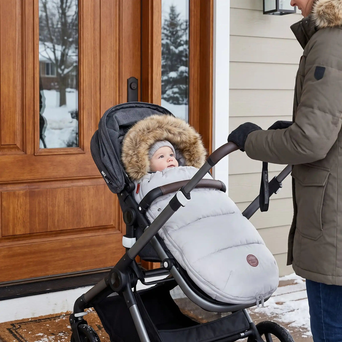 chancelière bébé gris bébé dans la poussette avec papa devant la porte