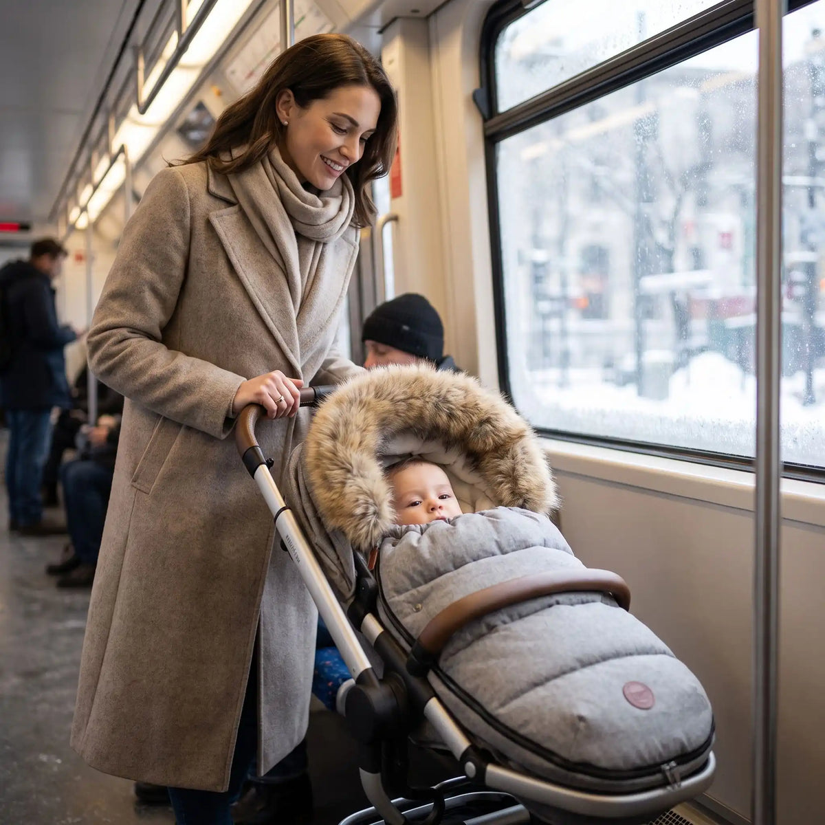 chancelière bébé gris bébé dans sa poussette avec maman dans le métro