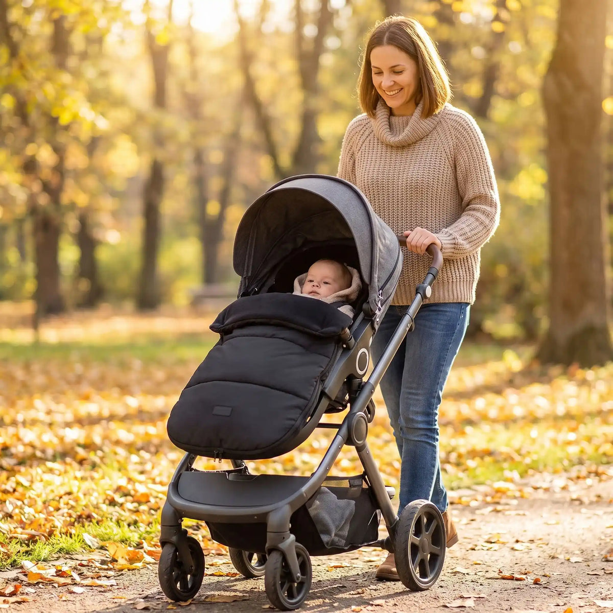 chancelière pour poussette noir, maman prend une marche avec son enfant bien au chaud