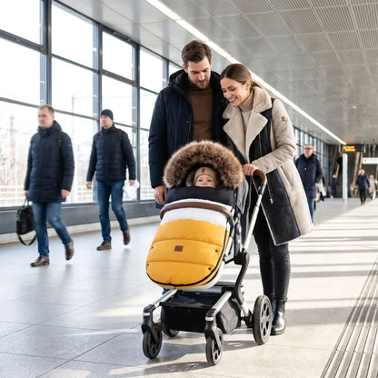 chancelière pour poussette noir blanc et jaune les parents avec leur bébé dans une station de métro