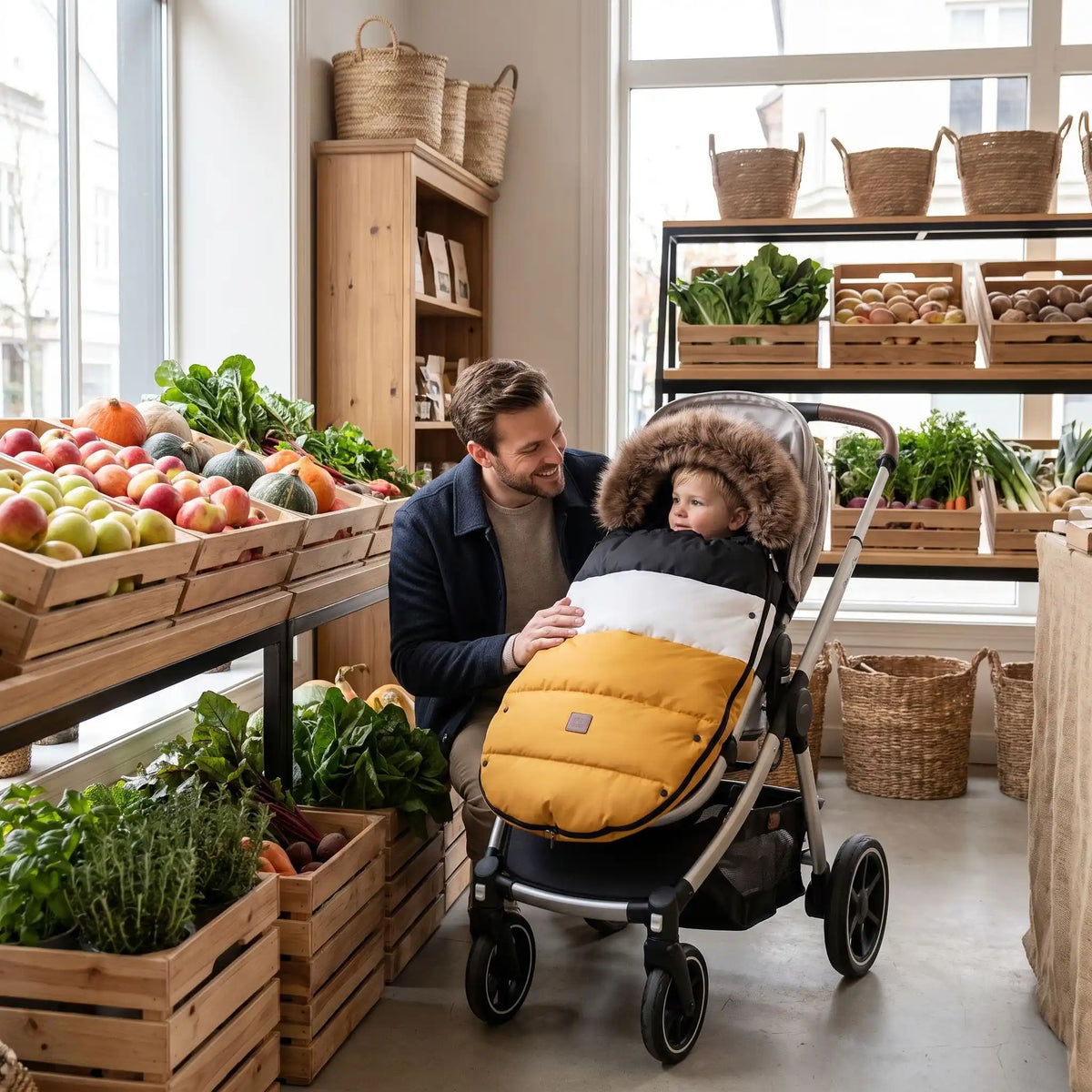 chancelière pour poussette noir, blanc et jaune papa dans un magasin de fruits et légumes avec son bébé 