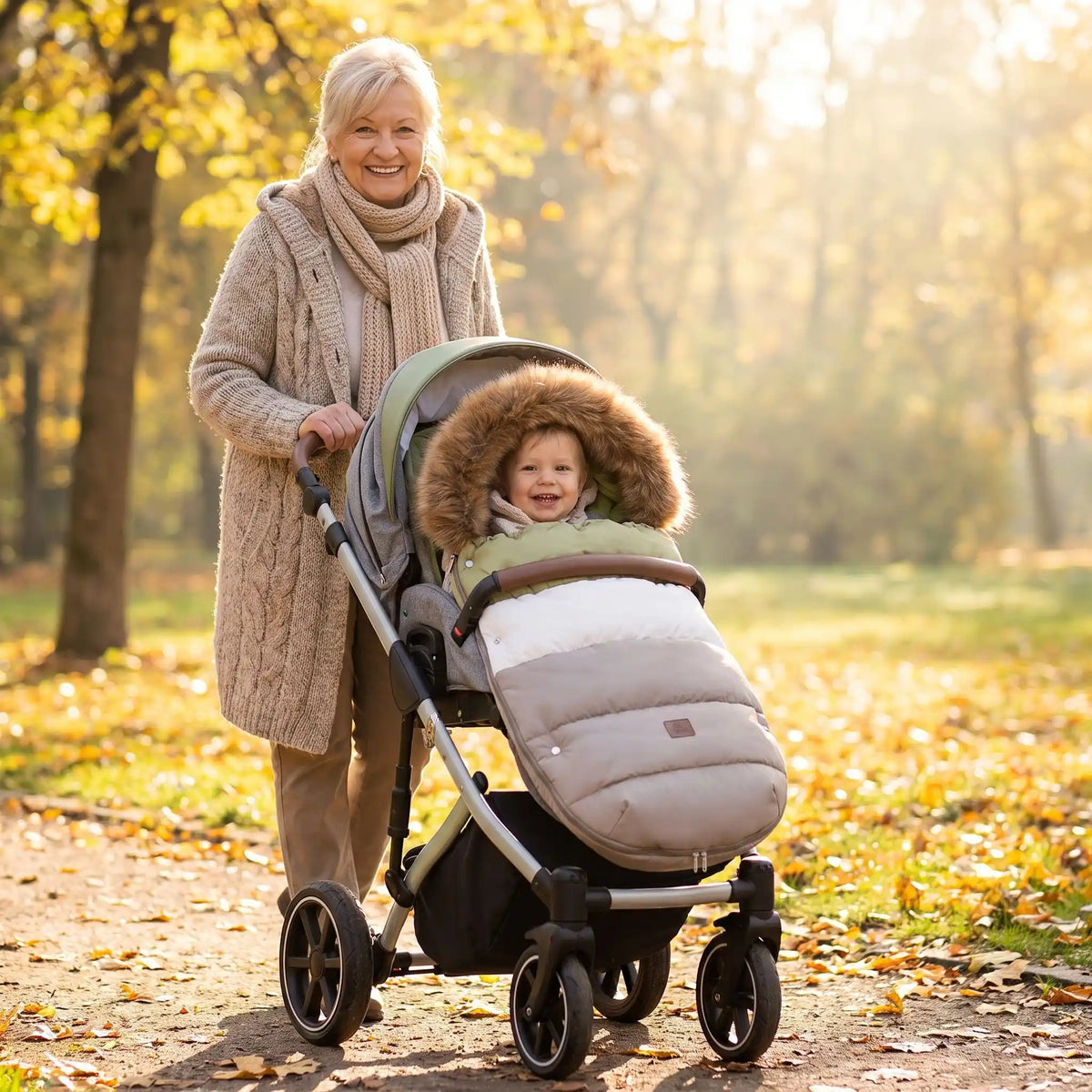 chancelière pour poussette vert blanc et gris bébé bien confortable avec sa grand maman au parc