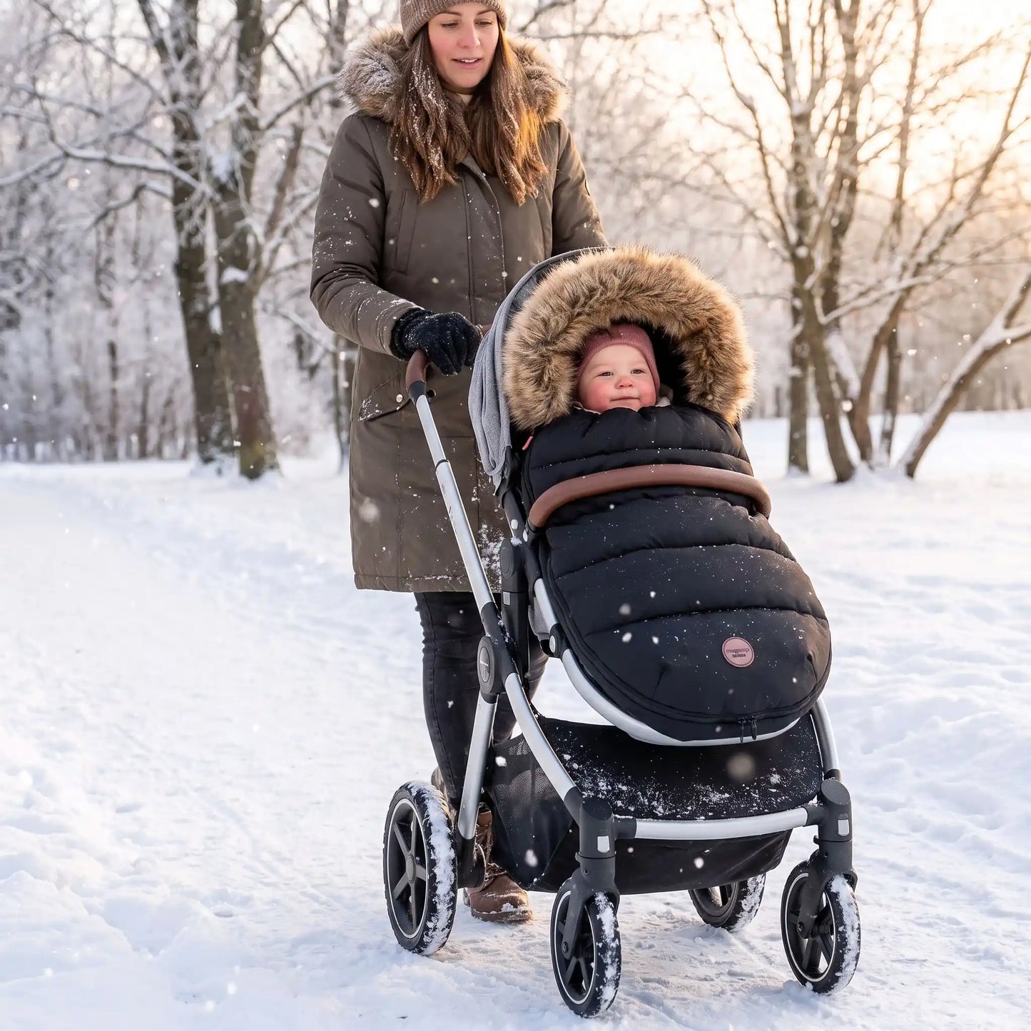 chancelière bébé noir bébé  au chaud dans sa poussette avec maman au parc en hiver