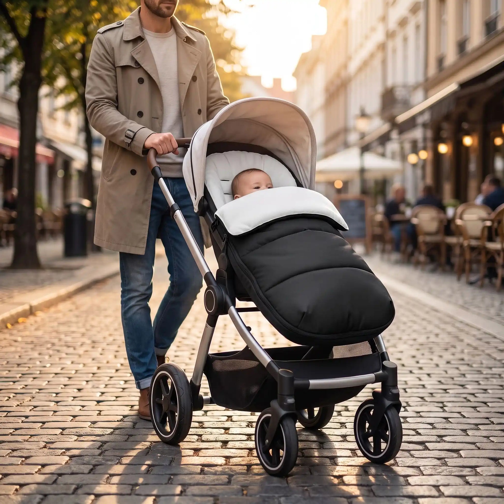 chancelière pour poussette gris clair, papa dans les rue de la ville avec bébé