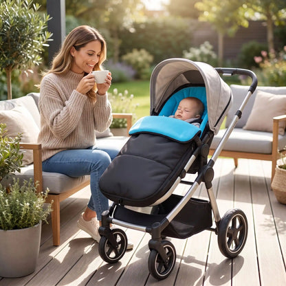 chancelière pour poussette bleu, maman prend une le café sur la terrasse  avec son bébé 