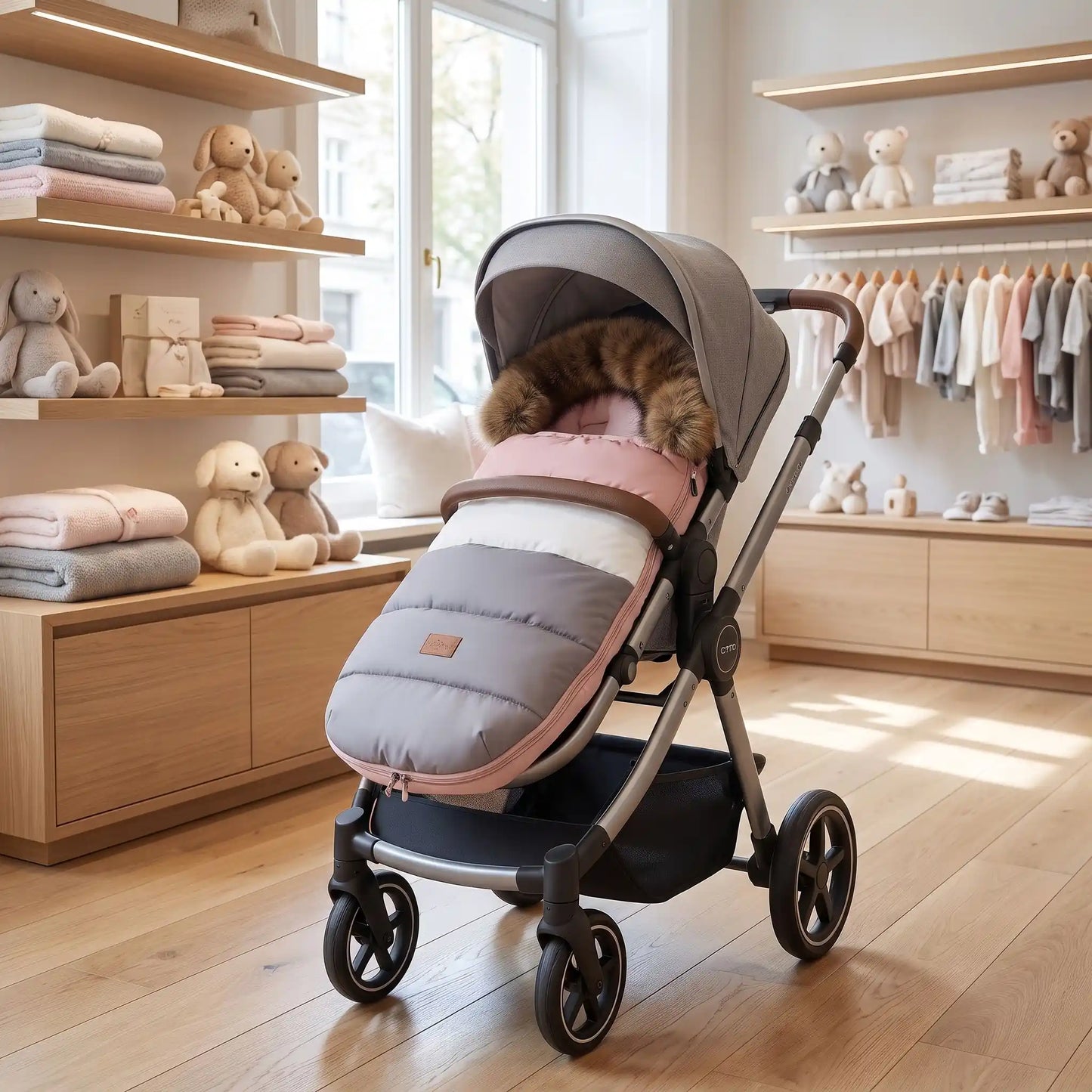 chancelière pour poussette rose, blanc et gris exposée dans un magasin pour bébéb