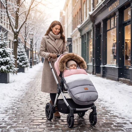 chancelière pour poussette rose, blanc et gris bébé bien au chaud avec sa maman dans la rue