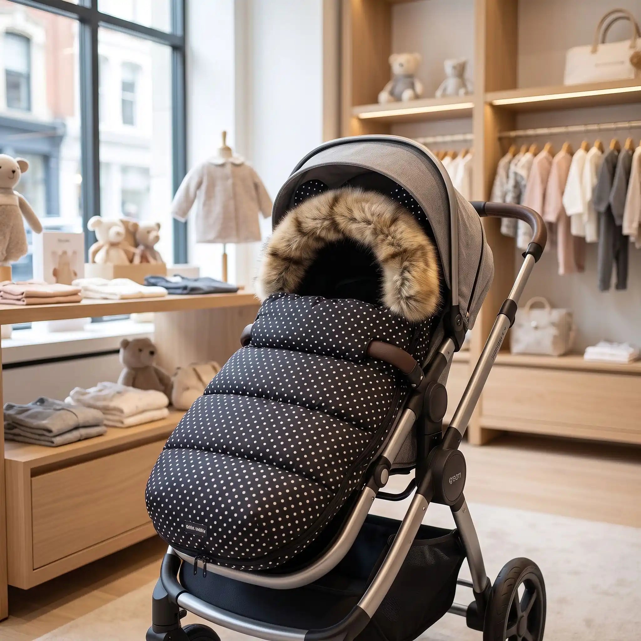 chanceliere bebe noir point blanc bien rangé dans la poussette dans le magasin