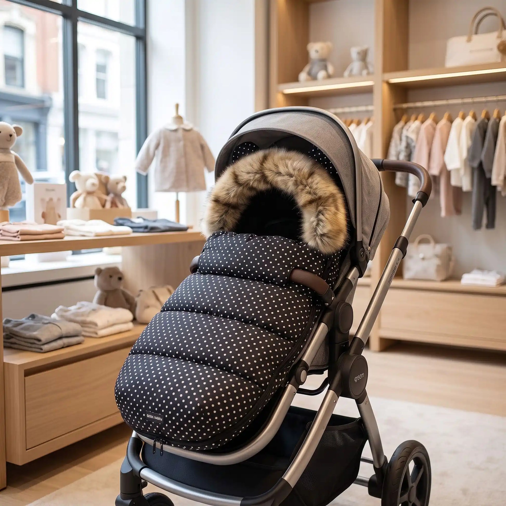 chanceliere bebe noir point blanc bien rangé dans la poussette dans le magasin