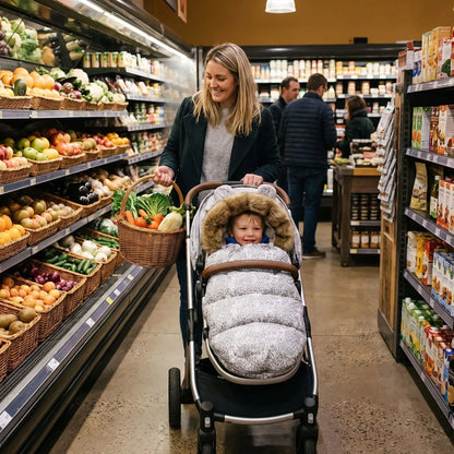 chanceliere bebe blanc points gris  maman faisant son epicerie avec son enfant dans la poussette