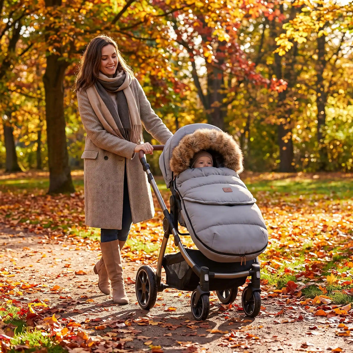 chanceliere poussette  bebe gris maman qui sort en plein utonme avec son fils