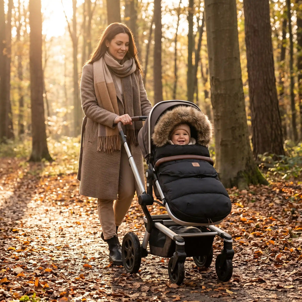 chanceliere poussette bebe noire, maman dans les bois avec bébé
