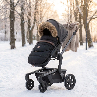 chanceliere poussette bebe noir rangée dans une poussette dans la neige