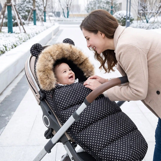 chanceliere bebe noir points blancs maman sourit  en regardant son enfant souriant dans sa poussette 