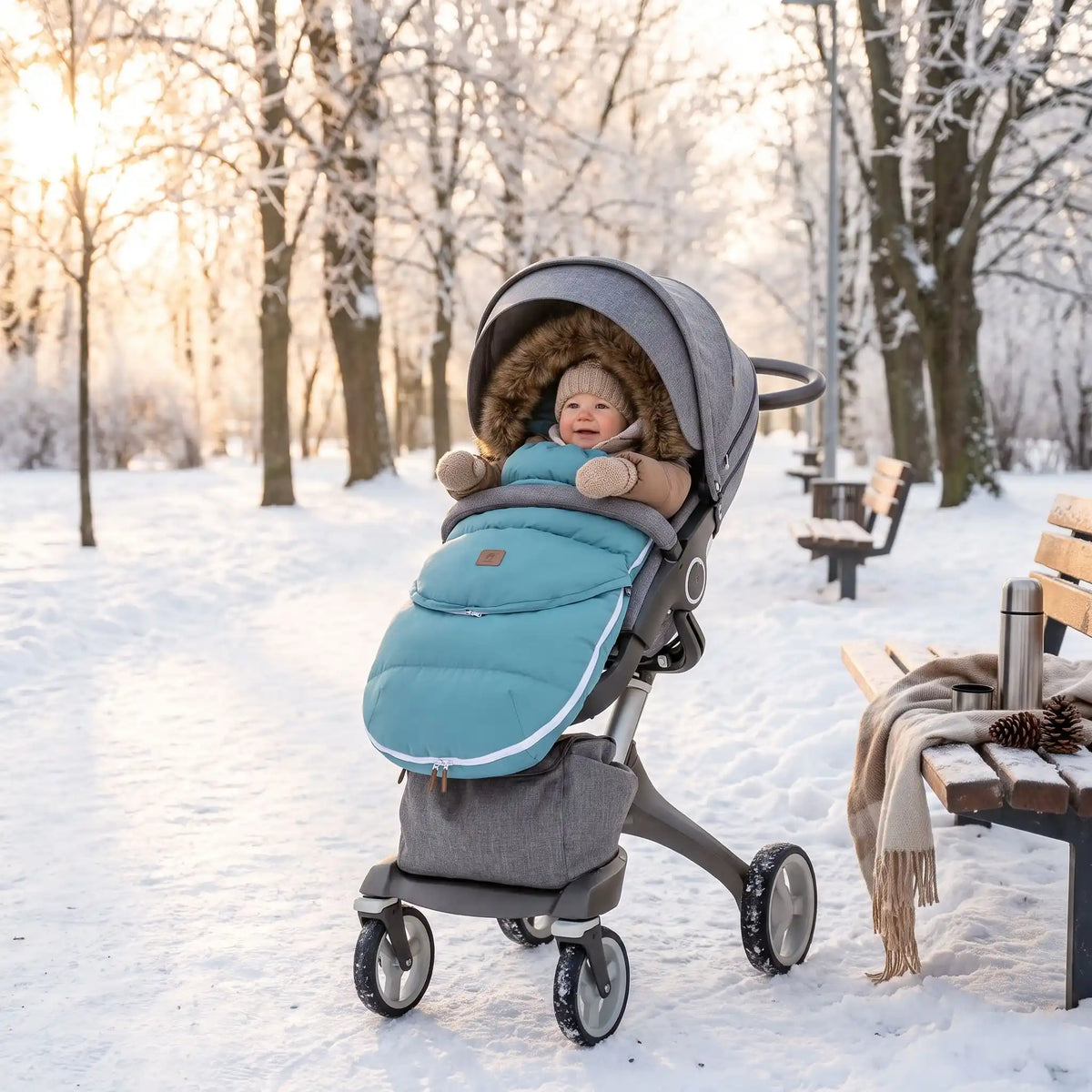 chanceliere poussette bebe urquoise bébé dans sa poussette sur la neige