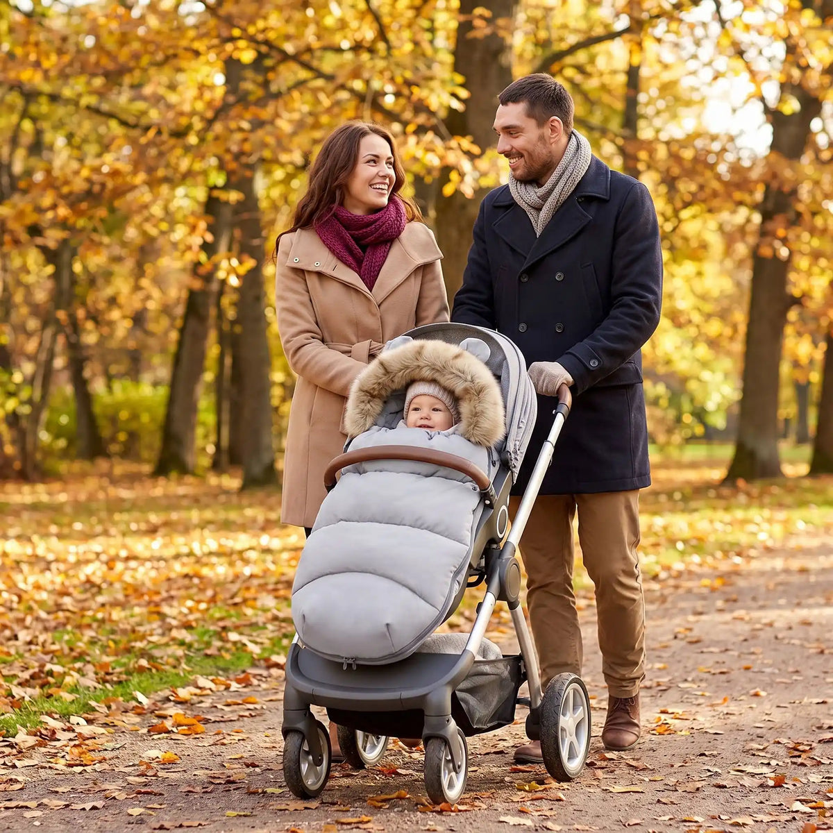chanceliere bebe gris  les parents qui prennent une marche avec bebe dans la poussette