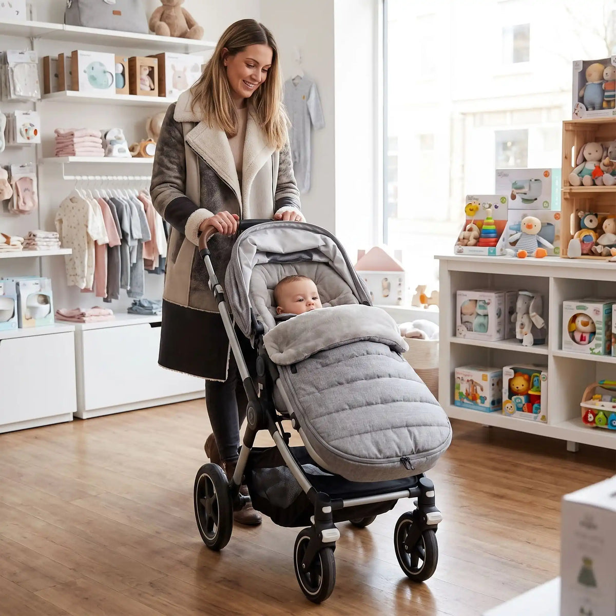chanceliere poussette bebe gris, maman dans le magasin de vêtements avec bébé