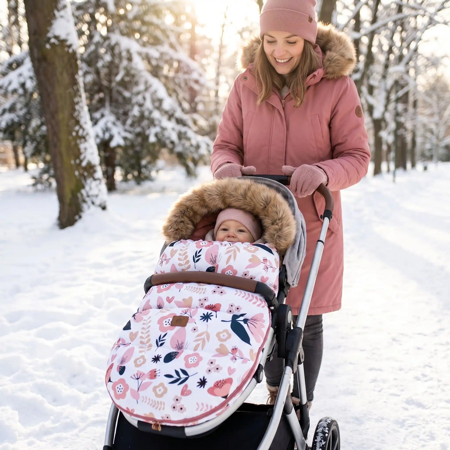 chanceliere poussette  floral maman dans la neige avec son bébé