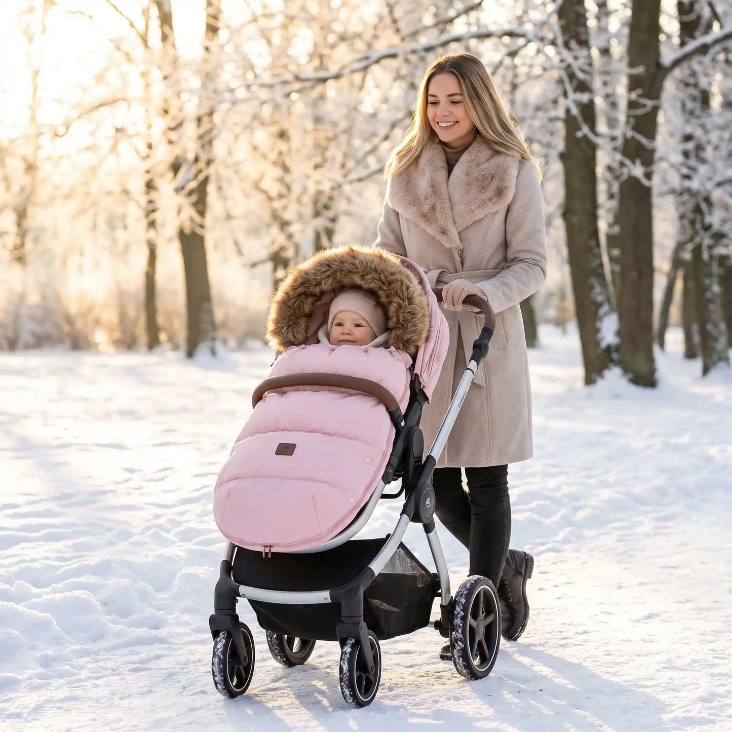 chanceliere poussette  rose bébé en balade avec sa maman