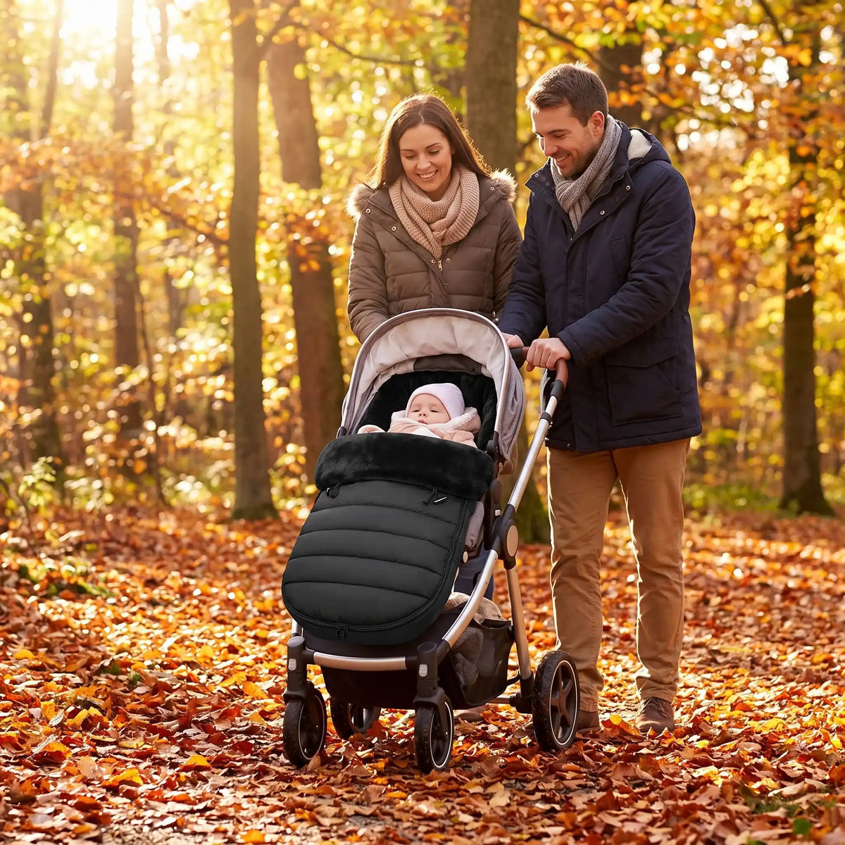 chanceliere poussette bebe noir, bébé dans sa poussette avec ses parents  dans le bois en automne