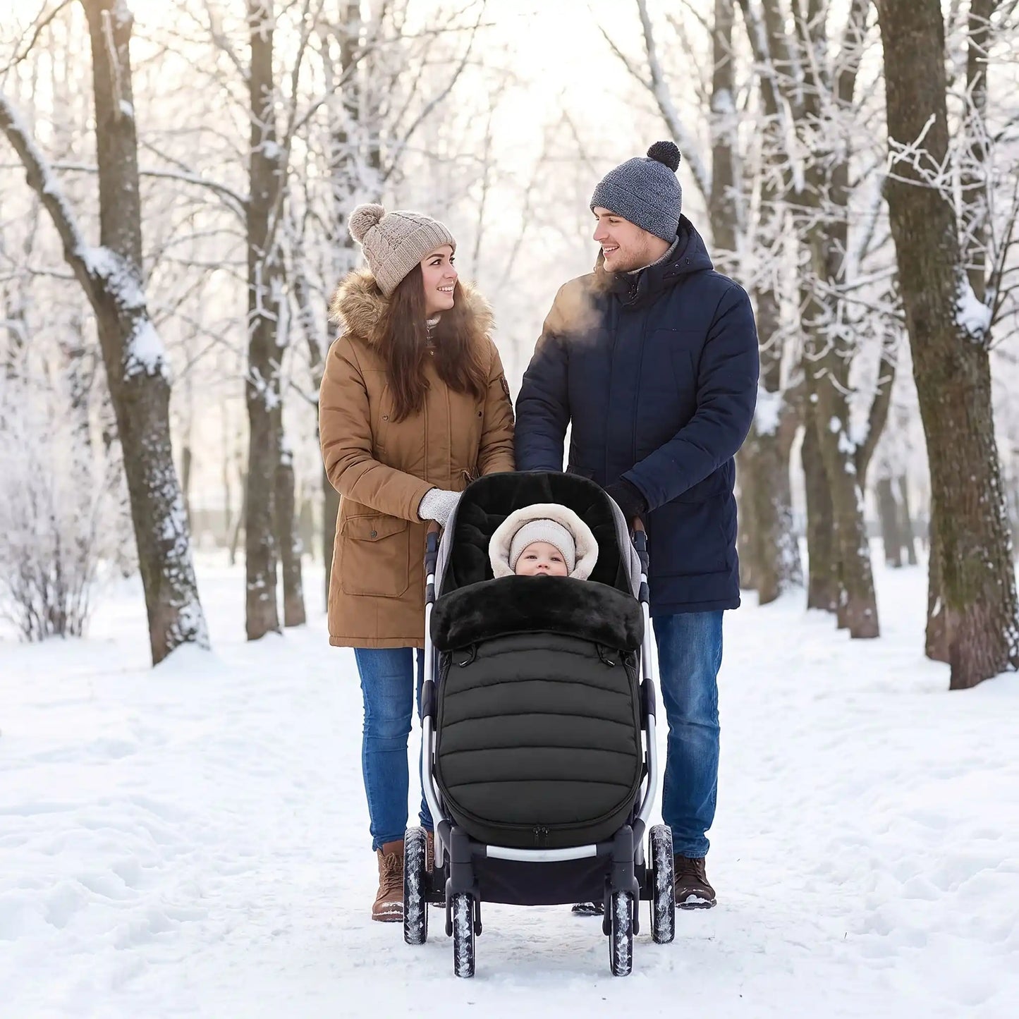 chanceliere poussette bebe noir, bébé dans sa poussette avec ses parents  dans la neige