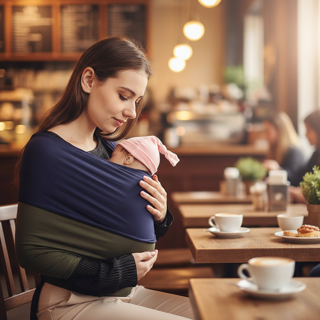 Écharpe de portage bébé vert armée maman assise dans un café avec son bébé