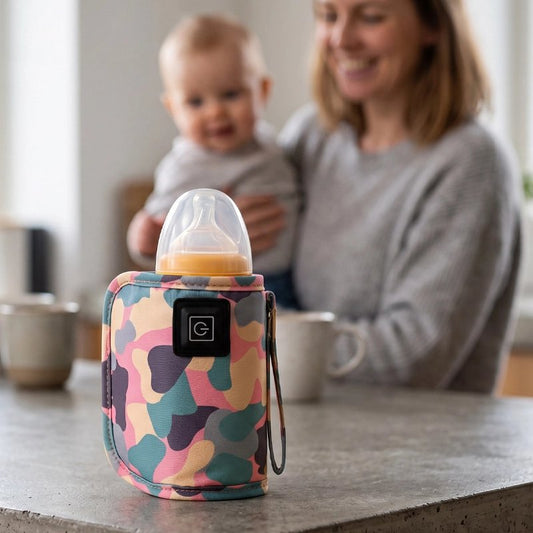 Chauffe biberon nomade rose maman tient bebe qui regarde son biberon chauffé