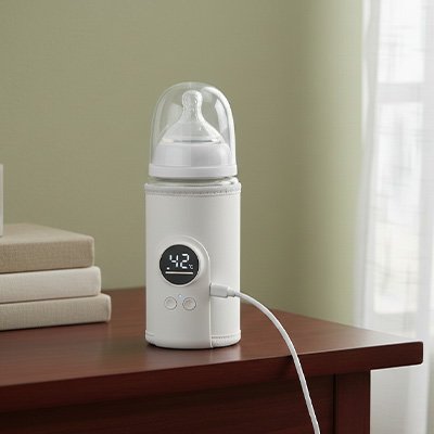 Chauffe biberon portable blanc qui charge sur une table 