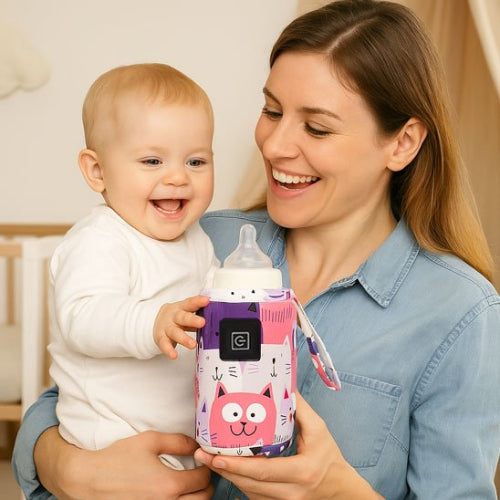 Chauffe biberon portable​ rose maman et bebe tous souriant face a la camera