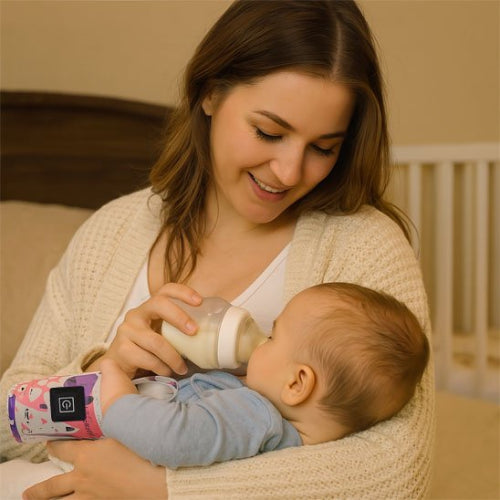 Chauffe biberon portable​ rose maman qui regarde son enfant mangé en souriant